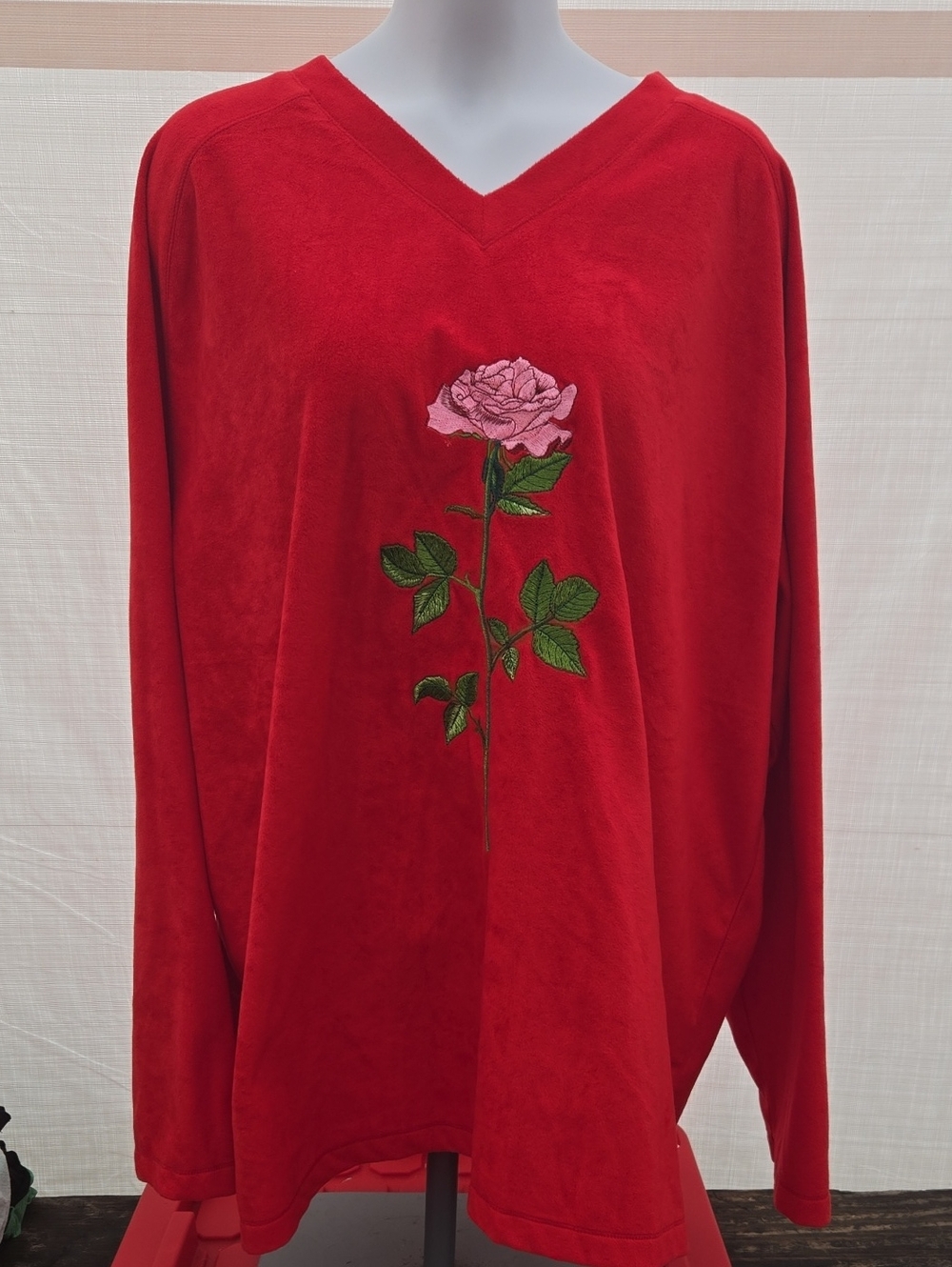 Jockey Red V-Neck Sweatshirt with Pink Rose Embroidery